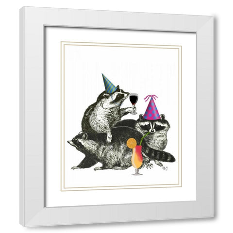 Raccoon Party White Modern Wood Framed Art Print with Double Matting by Fab Funky