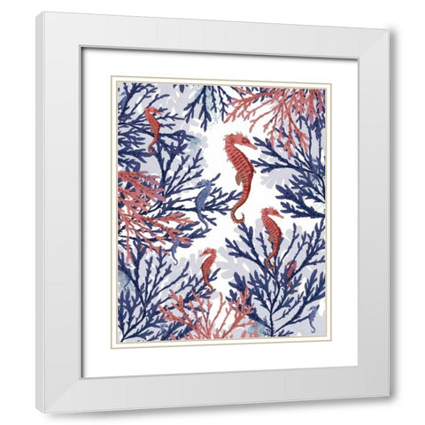 Coral and Seahorse, Pink and Blue White Modern Wood Framed Art Print with Double Matting by Fab Funky