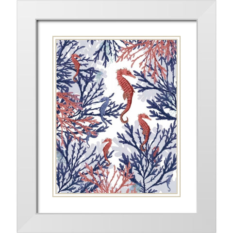 Coral and Seahorse, Pink and Blue White Modern Wood Framed Art Print with Double Matting by Fab Funky