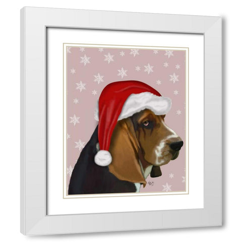 Basset Hound, Christmas Hat White Modern Wood Framed Art Print with Double Matting by Fab Funky