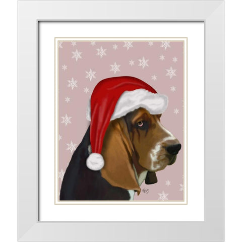 Basset Hound, Christmas Hat White Modern Wood Framed Art Print with Double Matting by Fab Funky
