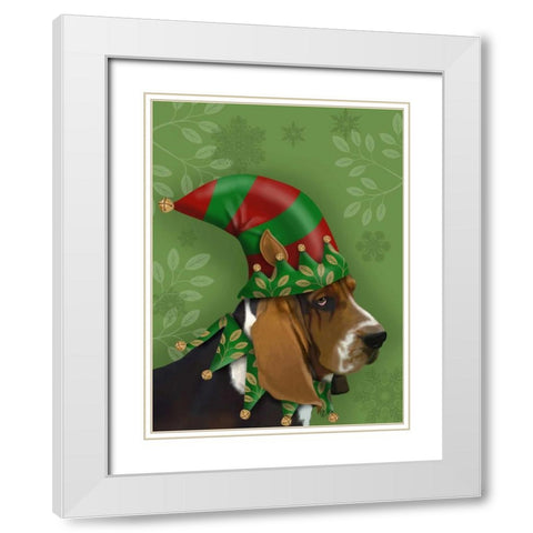 Basset Hound, Elf Hat White Modern Wood Framed Art Print with Double Matting by Fab Funky