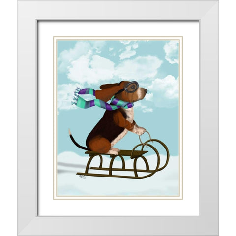 Basset Hound, Sledging White Modern Wood Framed Art Print with Double Matting by Fab Funky
