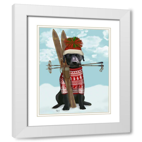 Black Labrador, Skiing White Modern Wood Framed Art Print with Double Matting by Fab Funky