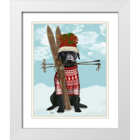 Black Labrador, Skiing White Modern Wood Framed Art Print with Double Matting by Fab Funky
