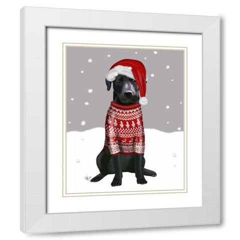 Black Labrador, Christmas Sweater 1 White Modern Wood Framed Art Print with Double Matting by Fab Funky