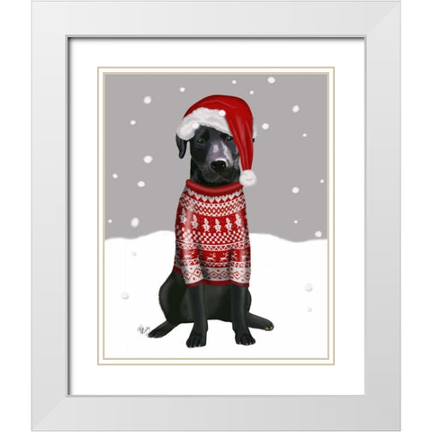 Black Labrador, Christmas Sweater 1 White Modern Wood Framed Art Print with Double Matting by Fab Funky