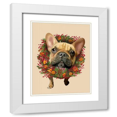 French Bulldog, Cranberry Wreath White Modern Wood Framed Art Print with Double Matting by Fab Funky