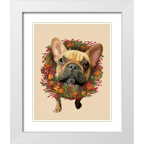 French Bulldog, Cranberry Wreath White Modern Wood Framed Art Print with Double Matting by Fab Funky