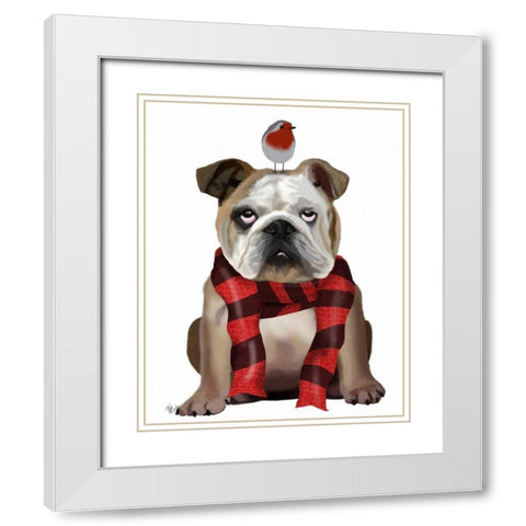 English Bulldog, Scarf and Robin White Modern Wood Framed Art Print with Double Matting by Fab Funky