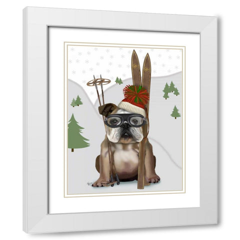 English Bulldog, Skiing White Modern Wood Framed Art Print with Double Matting by Fab Funky