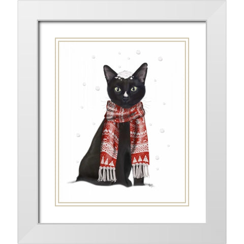 Black Cat, Red Scarf White Modern Wood Framed Art Print with Double Matting by Fab Funky