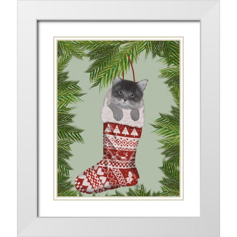 Grey Kitten in Christmas Stocking White Modern Wood Framed Art Print with Double Matting by Fab Funky