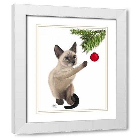 Siamese Cat and Bauble White Modern Wood Framed Art Print with Double Matting by Fab Funky