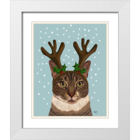 Calico Cat and Antlers White Modern Wood Framed Art Print with Double Matting by Fab Funky