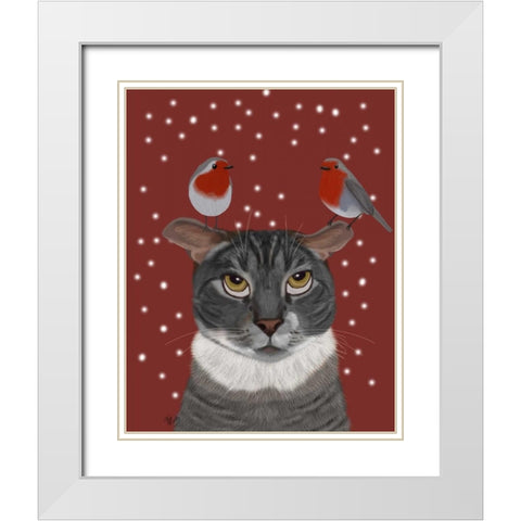 Grey Cat and Robins White Modern Wood Framed Art Print with Double Matting by Fab Funky