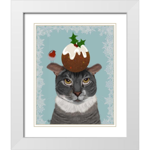 Grey Cat and Christmas Pudding White Modern Wood Framed Art Print with Double Matting by Fab Funky