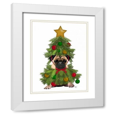 Pug, Christmas Tree Costume White Modern Wood Framed Art Print with Double Matting by Fab Funky