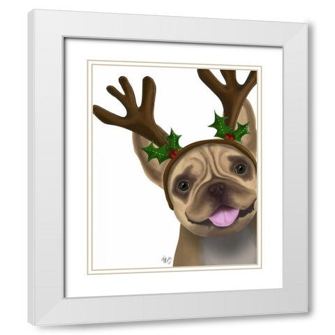 French Bulldog, Antlers 2 White Modern Wood Framed Art Print with Double Matting by Fab Funky