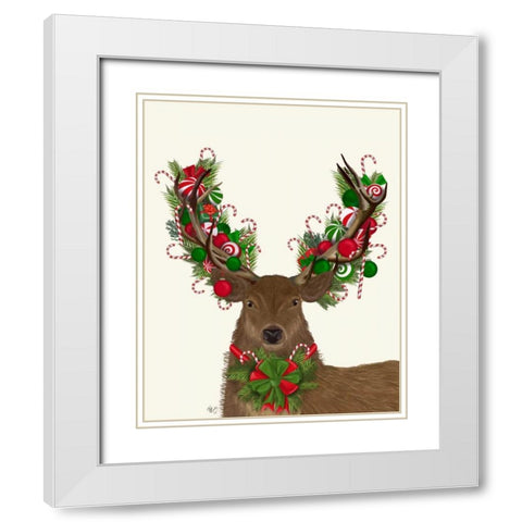 Deer, Candy Cane Wreath White Modern Wood Framed Art Print with Double Matting by Fab Funky