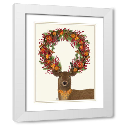 Deer, Cranberry and Orange Wreath, Full White Modern Wood Framed Art Print with Double Matting by Fab Funky