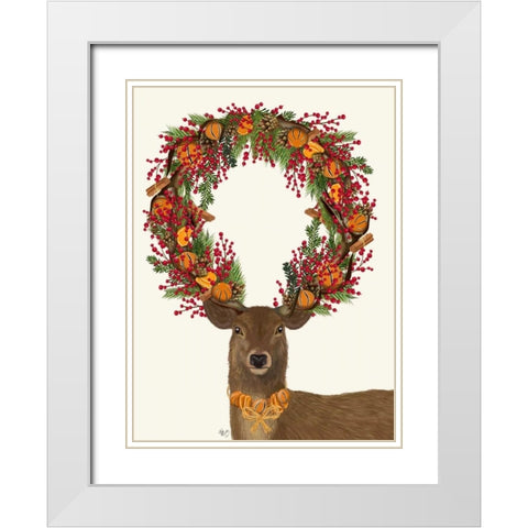 Deer, Cranberry and Orange Wreath, Full White Modern Wood Framed Art Print with Double Matting by Fab Funky