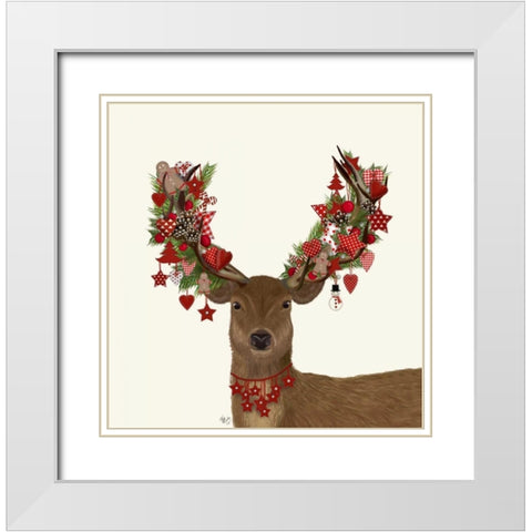 Deer, Homespun Wreath White Modern Wood Framed Art Print with Double Matting by Fab Funky