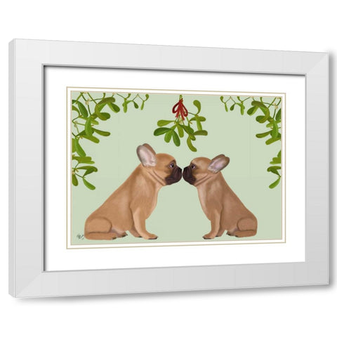 French Bulldogs and Mistletoe White Modern Wood Framed Art Print with Double Matting by Fab Funky
