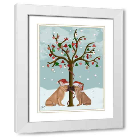 French Bulldogs and Christmas Tree White Modern Wood Framed Art Print with Double Matting by Fab Funky