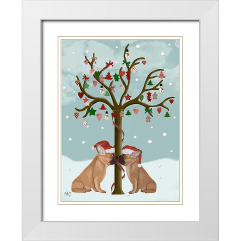 French Bulldogs and Christmas Tree White Modern Wood Framed Art Print with Double Matting by Fab Funky