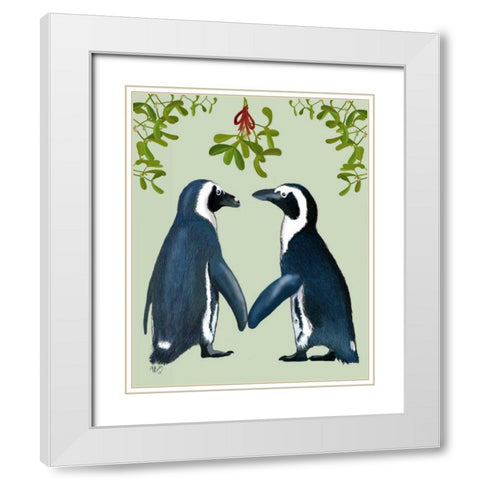 Penguins And Mistletoe White Modern Wood Framed Art Print with Double Matting by Fab Funky