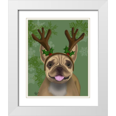 French Bulldog, Antlers 1 White Modern Wood Framed Art Print with Double Matting by Fab Funky