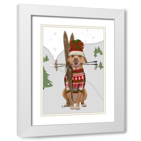 Pitbull Skiing White Modern Wood Framed Art Print with Double Matting by Fab Funky
