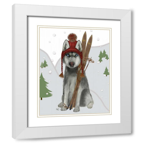 Husky Skiing White Modern Wood Framed Art Print with Double Matting by Fab Funky