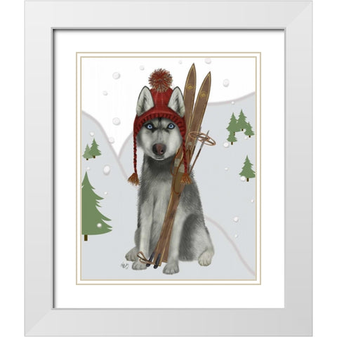 Husky Skiing White Modern Wood Framed Art Print with Double Matting by Fab Funky