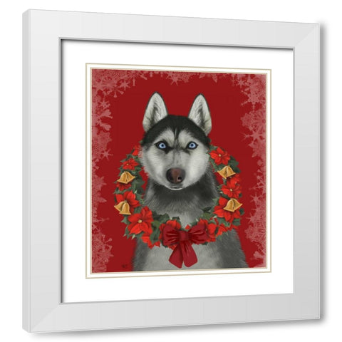 Husky and Poinsettia Wreath White Modern Wood Framed Art Print with Double Matting by Fab Funky