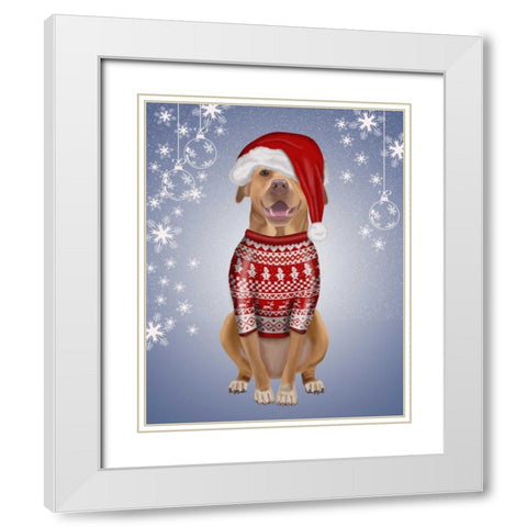 Pitbull in Christmas Sweater White Modern Wood Framed Art Print with Double Matting by Fab Funky