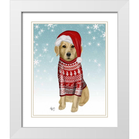 Golden Retriever in Christmas Sweater White Modern Wood Framed Art Print with Double Matting by Fab Funky