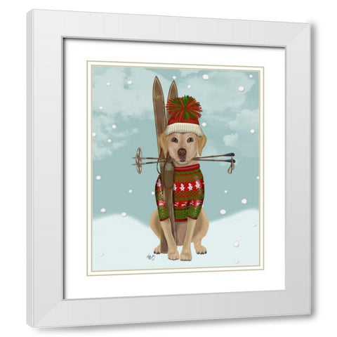 Yellow Labrador, Skiing White Modern Wood Framed Art Print with Double Matting by Fab Funky