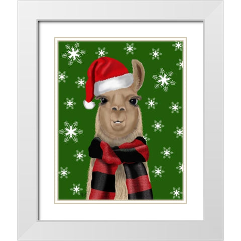 Llama, Christmas Hat White Modern Wood Framed Art Print with Double Matting by Fab Funky