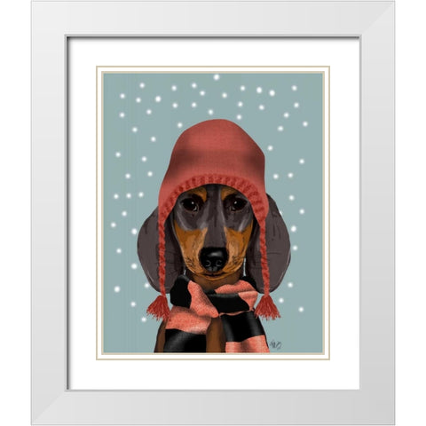 Dachshund With Woolly Hat and Scarf White Modern Wood Framed Art Print with Double Matting by Fab Funky