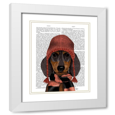 Dachshund in Pink Hat and Scarf White Modern Wood Framed Art Print with Double Matting by Fab Funky