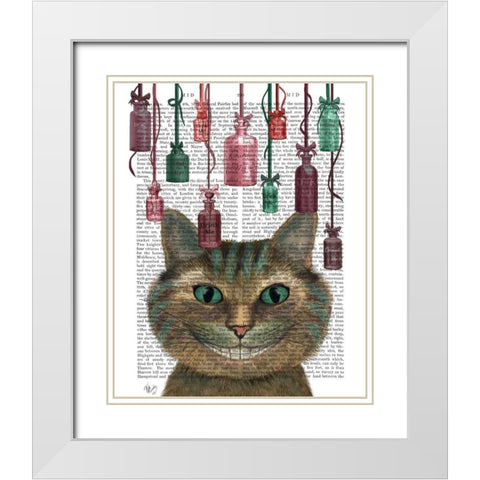 Cheshire Cat and Bottles White Modern Wood Framed Art Print with Double Matting by Fab Funky