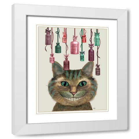 Cheshire Cat and Bottles White Modern Wood Framed Art Print with Double Matting by Fab Funky
