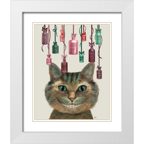Cheshire Cat and Bottles White Modern Wood Framed Art Print with Double Matting by Fab Funky