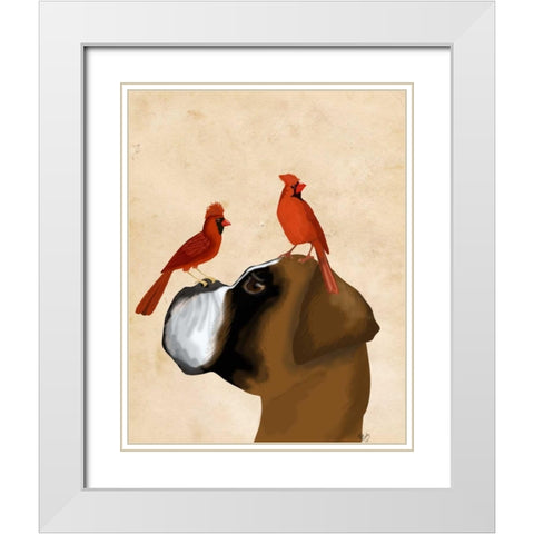 Boxer and Red Cardinals White Modern Wood Framed Art Print with Double Matting by Fab Funky