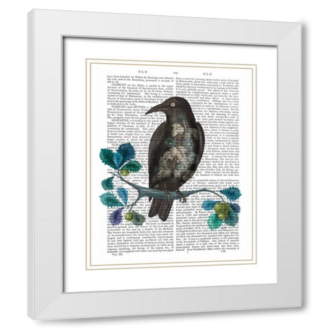 Floral Crow On Branch White Modern Wood Framed Art Print with Double Matting by Fab Funky
