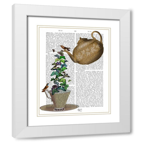 Teapot, Cup and Butterflies White Modern Wood Framed Art Print with Double Matting by Fab Funky