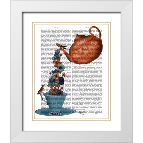 Teapot, Cup and Flowers, Orange and Blue White Modern Wood Framed Art Print with Double Matting by Fab Funky