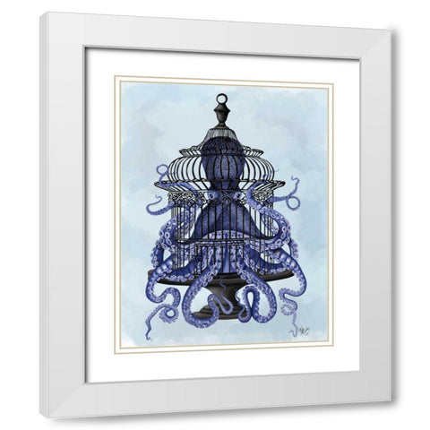 Blue Octopus in Cage White Modern Wood Framed Art Print with Double Matting by Fab Funky